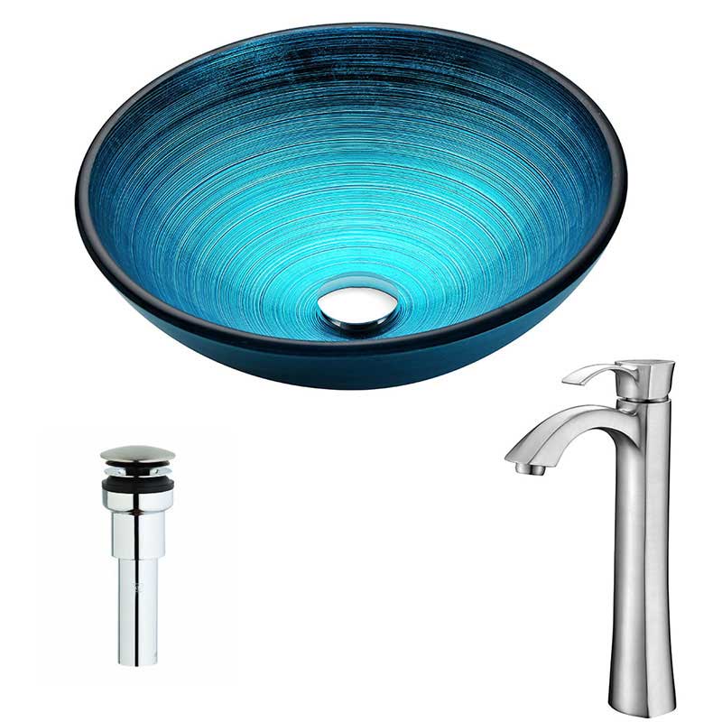 Anzzi Enti Series Deco-Glass Vessel Sink in Lustrous Blue with Harmony Faucet in Brushed Nickel