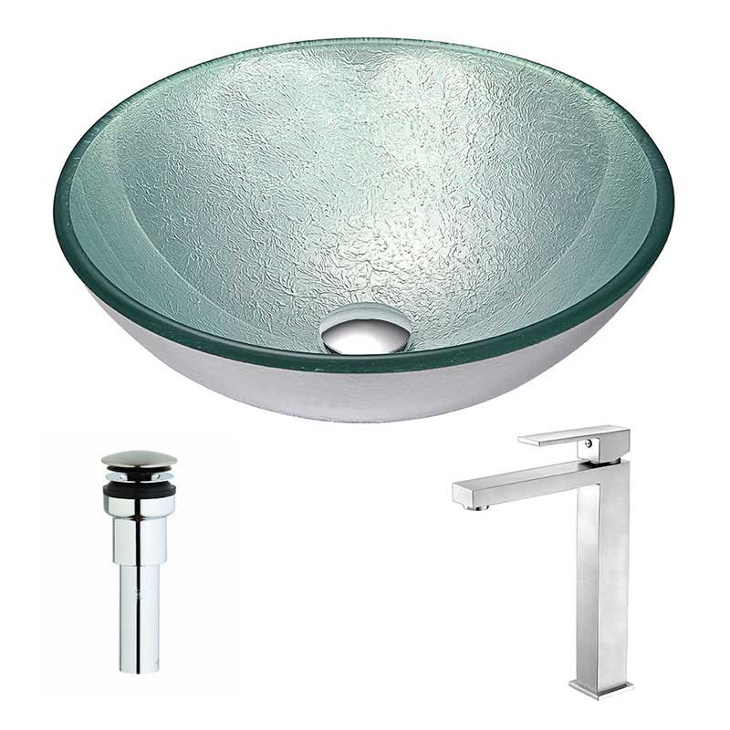 Anzzi Spirito Series Deco-Glass Vessel Sink in Churning Silver with Enti Faucet in Brushed Nickel