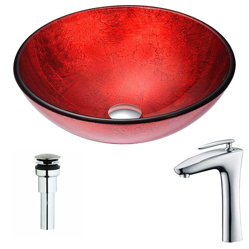 Anzzi Crown Series Deco-Glass Vessel Sink in Lustrous Red with Crown Faucet in Chrome