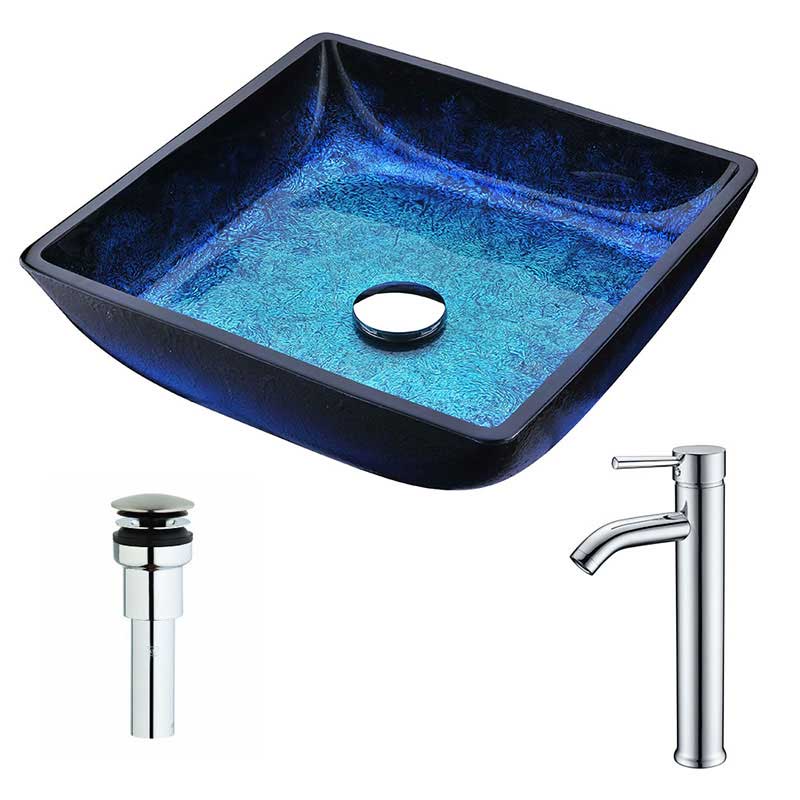 Anzzi Viace Series Deco-Glass Vessel Sink in Blazing Blue with Fann Faucet in Chrome