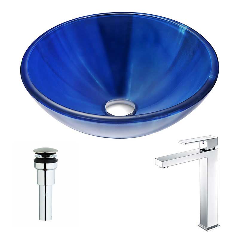 Anzzi Meno Series Deco-Glass Vessel Sink in Lustrous Blue with Enti Faucet in Polished Chrome