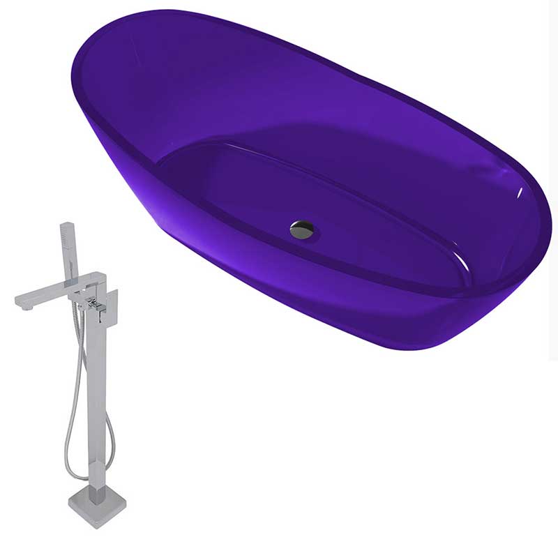 Anzzi Ember 5.4 ft. Man-Made Stone Center drain Freestanding Bathtub in Evening Violet with Dawn Freestanding Faucet in Chrome