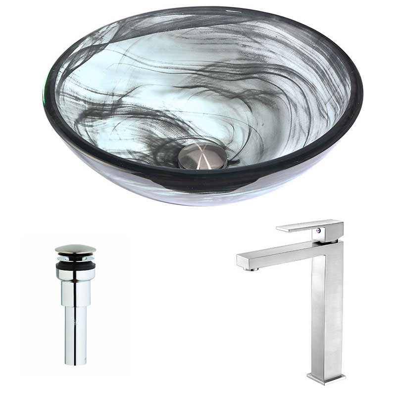 Anzzi Mezzo Series Deco-Glass Vessel Sink in Emerald Wisp with Enti Faucet in Brushed Nickel
