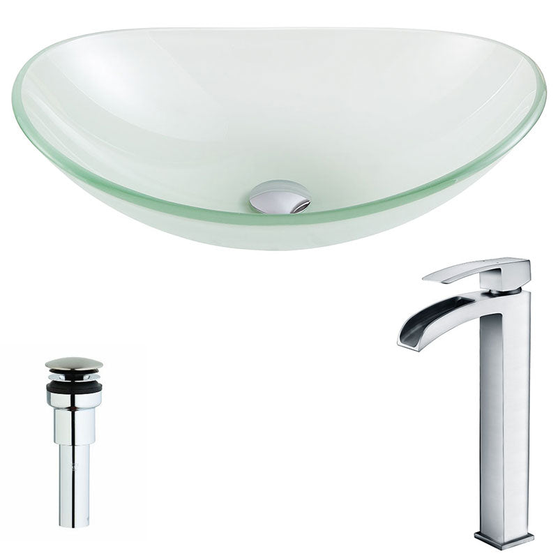 Anzzi Forza Series Deco-Glass Vessel Sink in Lustrous Frosted with Key Faucet in Polished Chrome