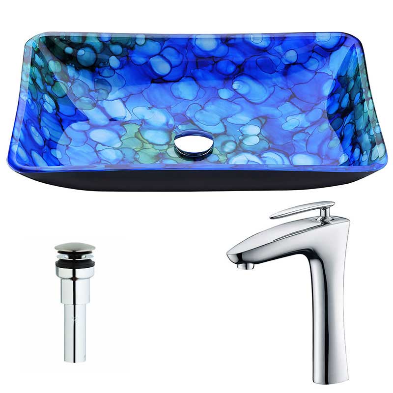 Anzzi Voce Series Deco-Glass Vessel Sink in Lustrous Blue with Crown Faucet in Chrome