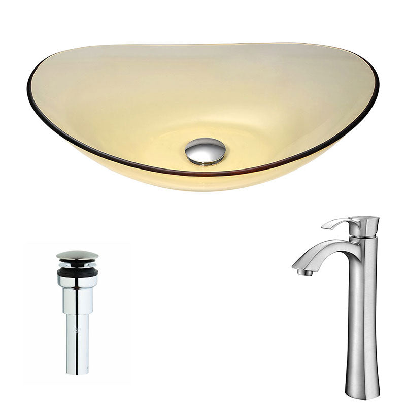 Anzzi Mesto Series Deco-Glass Vessel Sink in Lustrous Translucent Gold with Harmony Faucet in Brushed Nickel