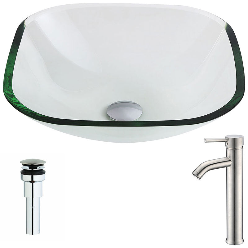 Anzzi Cadenza Series Deco-Glass Vessel Sink in Lustrous Clear with Fann Faucet in Brushed Nickel