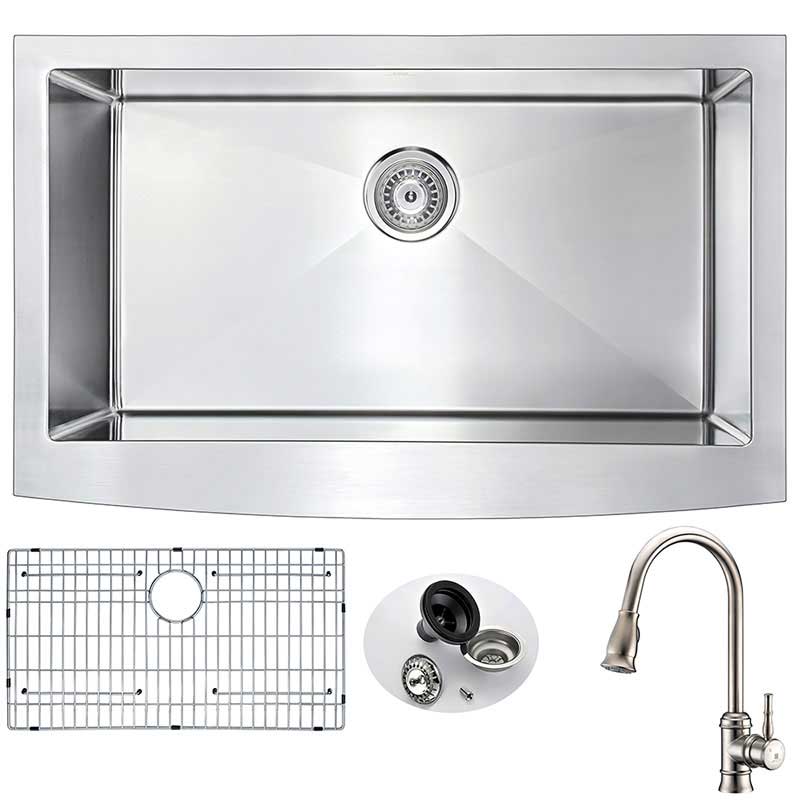 Anzzi ELYSIAN Farmhouse Stainless Steel 32 in. 0-Hole Kitchen Sink and Faucet Set with Sails Faucet in Brushed Nickel