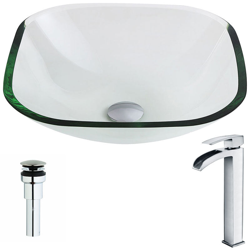 Anzzi Cadenza Series Deco-Glass Vessel Sink in Lustrous Clear with Key Faucet in Polished Chrome