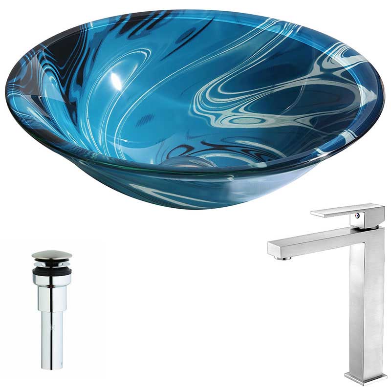 Anzzi Symphony Series Deco-Glass Vessel Sink in Lustrous Dark Blue with Enti Faucet in Brushed Nickel