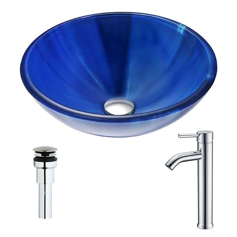 Anzzi Meno Series Deco-Glass Vessel Sink in Lustrous Blue with Fann Faucet in Chrome