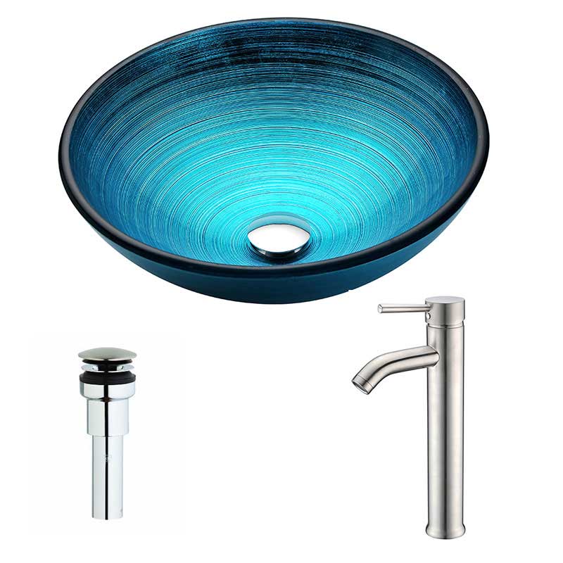 Anzzi Enti Series Deco-Glass Vessel Sink in Lustrous Blue with Fann Faucet in Brushed Nickel