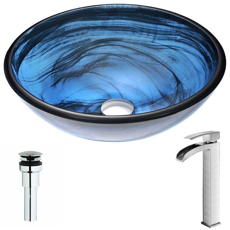 Anzzi Soave Series Deco-Glass Vessel Sink in Sapphire Wisp with Key Faucet in Polished Chrome