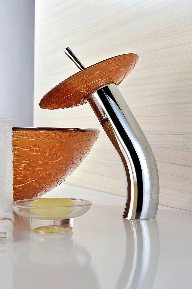 Anzzi Stanza Series Deco-Glass Vessel Sink in Lustrous Brown with Matching Chrome Waterfall Faucet 7