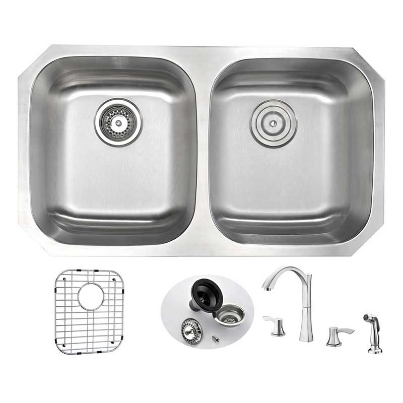 Anzzi MOORE Undermount Stainless Steel 32 in. Double Bowl Kitchen Sink and Faucet Set with Soave Faucet in Polished Chrome