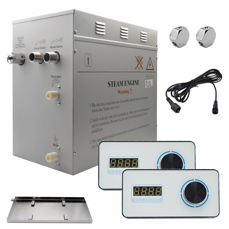 Steam Planet Superior Encore 12kw Self-Draining Steam Bath Generator Kit with Dual Horizontal Digital Keypad in White and a Drip Pan