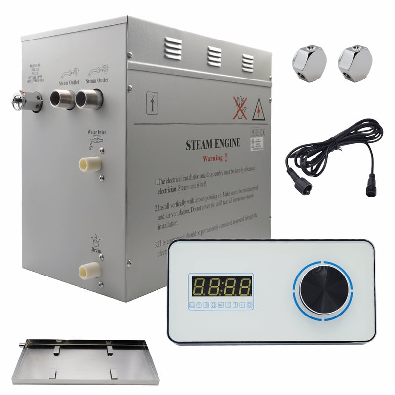 Steam Planet Superior Encore 12kw Self-Draining Steam Bath Generator Kit with Horizontal Digital Keypad in White and a Drip Pan