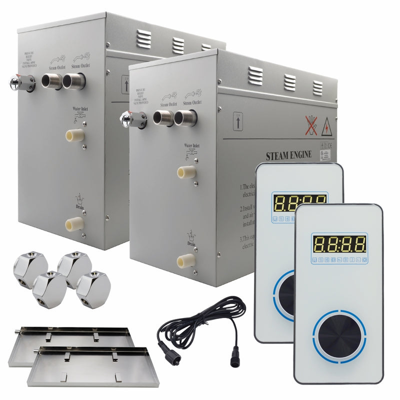 Steam Planet Superior Encore 24kw Self-Draining Steam Bath Generator Kit with Dual Vertical Digital Keypad in White and a Drip Pan