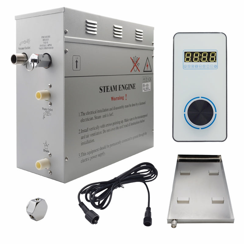 Steam Planet Superior Encore 9kw Self-Draining Steam Bath Generator Kit with Vertical Digital Keypad in White and a Drip Pan