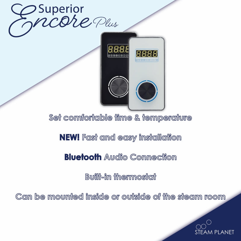 Steam Planet Superior Encore Plus 9kw Self-Draining Steam Bath Generator with Bluetooth Vertical Digital Keypad in White