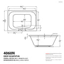 Venzi Flora 40 x 60 rectangular soaking bathtub dimension drawing with measurements