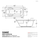 Venzi Elda 32 x 60 rectangular air & whirlpool bathtub dimension drawing with measurements