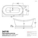 Venzi Midas 32.5 x 70.5 freestanding soaking bathtub dimension drawing with measurements