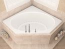 Venzi Luna 60 x 60 corner air jetted bathtub installed in a bathroom