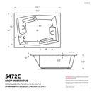 Venzi Capri 54 x 72 rectangular soaking bathtub dimension drawing with measurements