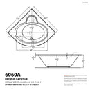 Venzi Grand Tour Esta 60 x 60 corner air & whirlpool bathtub dimension drawing with measurements