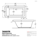 Venzi Villa 36 x 66 rectangular soaking bathtub dimension drawing with measurements