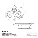 Venzi Ambra 60 x 60 corner whirlpool bathtub dimension drawing with measurements