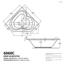 Venzi Grand Tour Tovila 60 x 60 corner air & whirlpool bathtub dimension drawing with measurements