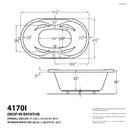 Venzi Aline 41 x 70 oval air & whirlpool bathtub dimension drawing with measurements
