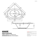 Venzi Luna 60 x 60 corner air jetted bathtub dimension drawing with measurements