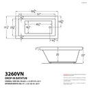 Venzi Villa 32 x 60 rectangular soaking bathtub dimension drawing with measurements
