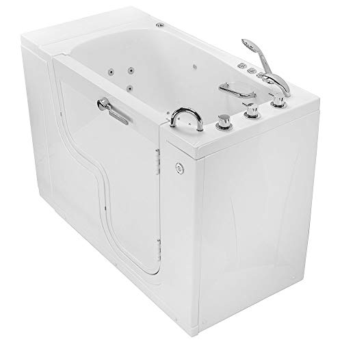 Ella's Bubbles OLA3052AM-R Transfer Acrylic L Shape Wheelchair Accessible Hydro Massage Walk-In Bathtub with Right Outward Swing Door, Thermostatic Faucet Set, Dual 2" Drains, 29" x 52" x 42", White