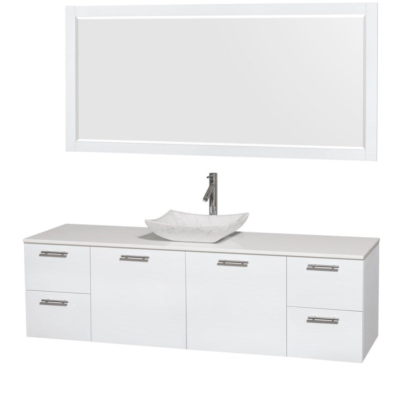 Wyndham Collection Amare 72" Wall-Mounted Single Bathroom Vanity Set with Vessel Sink - Glossy White WC-R4100-72-WHT-SGL
