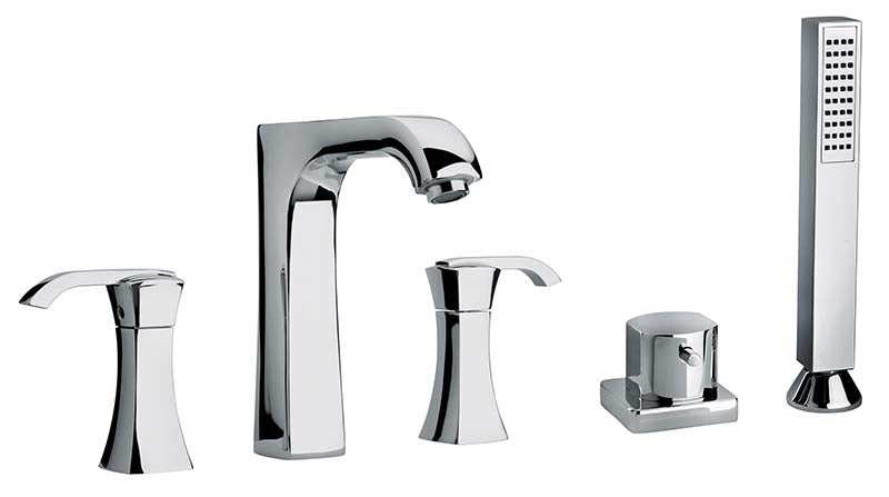 Jewel Faucets Chrome Two Lever Handle Roman Tub Faucet and Hand Shower With Arched Spout 11109