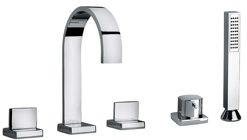 Jewel Faucets Chrome Two Lever Handle Roman Tub Faucet and Hand Shower With Classic Ribbon Spout 15109