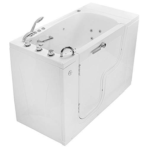 Ella's Bubbles OLA3052A-L Transfer Acrylic L Shape Wheelchair Accessible Air Massage Walk-In Bathtub with Left Outward Swing Door, Thermostatic Faucet Set, Dual 2" Drains, 29" x 52" x 42", White