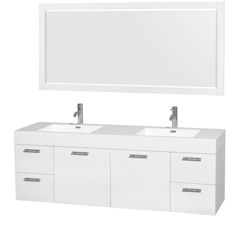 Wyndham Collection Amare 72" Double Bathroom Vanity in Glossy White, Acrylic Resin Countertop, Integrated Sinks, and 70" Mirror WCR410072DGWARINTM70