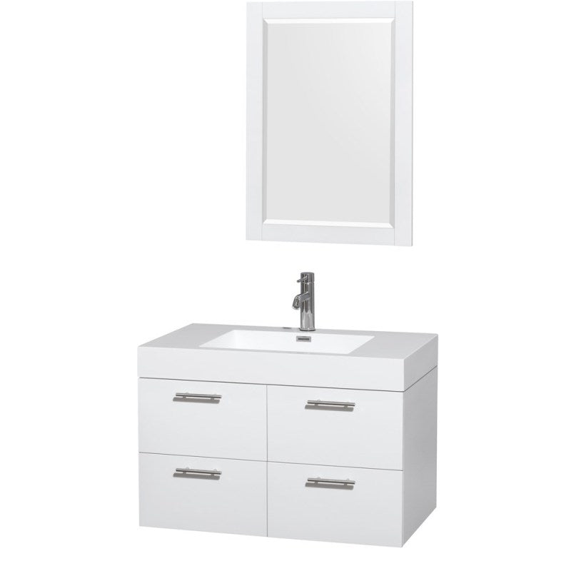 Wyndham Collection Amare 36" Single Bathroom Vanity in Glossy White, Acrylic Resin Countertop, Integrated Sink, and 24" Mirror WCR410036SGWARINTM24
