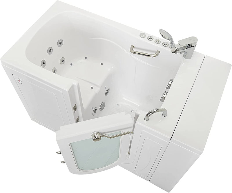 Ellas Bubbles Capri Acrylic Air and Hydro Massage and Heated Seat Walk-In Bathtub with Right Outward Swing Door, 2 Piece Fast Fill Faucet, 2" Dual Drain, White, 30x52x45, OA3052DH2P-R 2