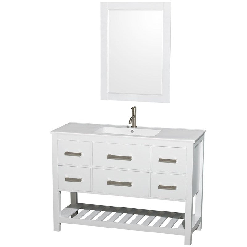 Wyndham Collection Natalie 48 in. Single Bathroom Vanity in White, White Porcelain Countertop, Integrated Sink, and 24 in. Mirror WCS211148SWHWPINTM24