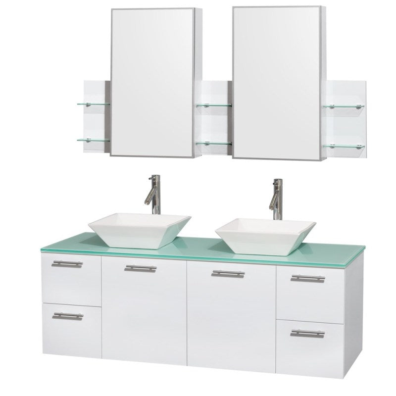 Wyndham Collection Amare 60" Wall-Mounted Double Bathroom Vanity Set with Vessel Sinks - Glossy White WC-R4100-60-WHT-DBL