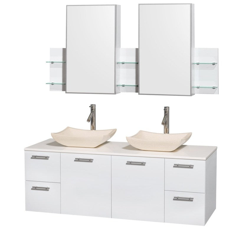 Wyndham Collection Amare 60" Wall-Mounted Double Bathroom Vanity Set with Vessel Sinks - Glossy White WC-R4100-60-WHT-DBL 6