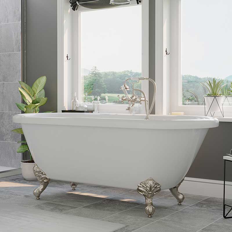 Cambridge Plumbing Acrylic Double Ended Clawfoot Bathtub 70" X 30" with no Faucet Drillings and Complete Brushed Nickel Plumbing Package