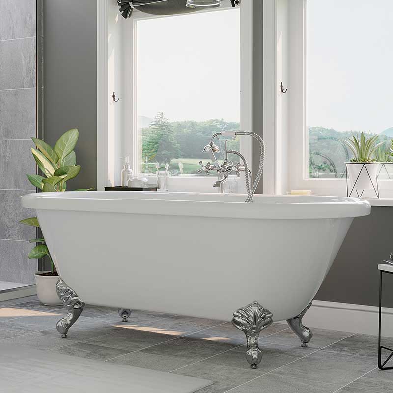 Cambridge Plumbing Acrylic Double Ended Clawfoot Bathtub 70" X 30" with no Faucet Drillings and Complete Polished Chrome Plumbing Package