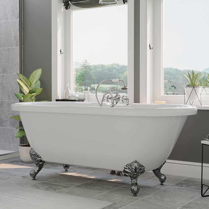 Cambridge Plumbing Acrylic Double Ended Clawfoot Bathtub 70" X 30" with Faucet Drillings and Complete Chrome Plumbing Package